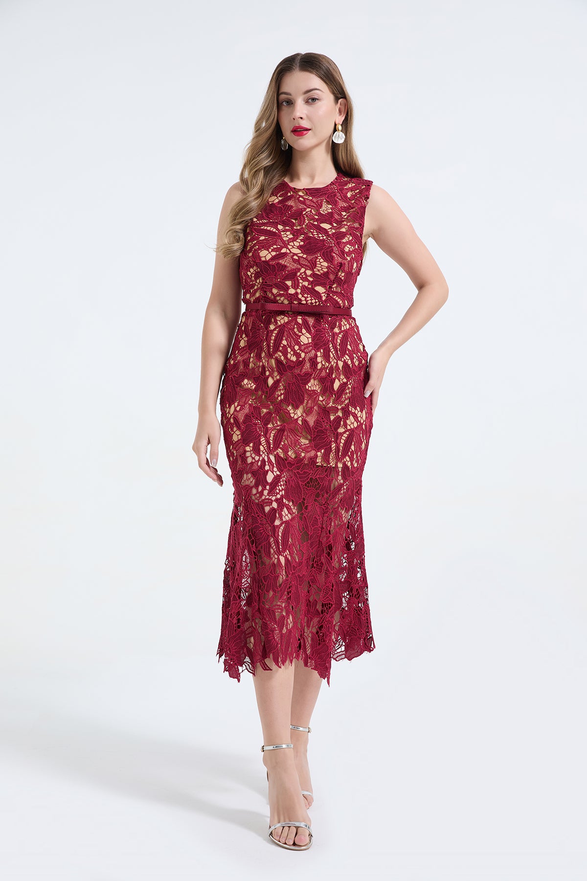 Heavy Industry Three Dimensional Water Soluble Lace Hollow Out Sleeveless Waist Fish Tail Dress Slim Fit High Waist Dress ESUNG