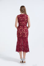 Heavy Industry Three Dimensional Water Soluble Lace Hollow Out Sleeveless Waist Fish Tail Dress Slim Fit High Waist Dress ESUNG