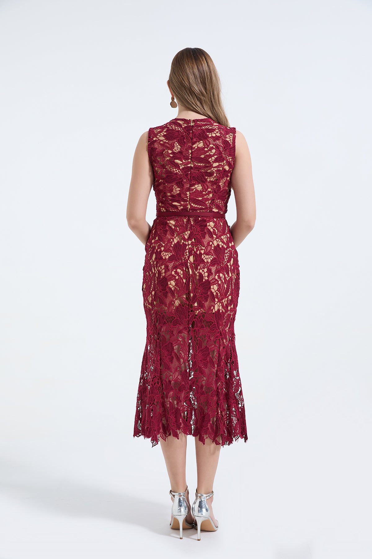 Heavy Industry Three Dimensional Water Soluble Lace Hollow Out Sleeveless Waist Fish Tail Dress Slim Fit High Waist Dress ESUNG
