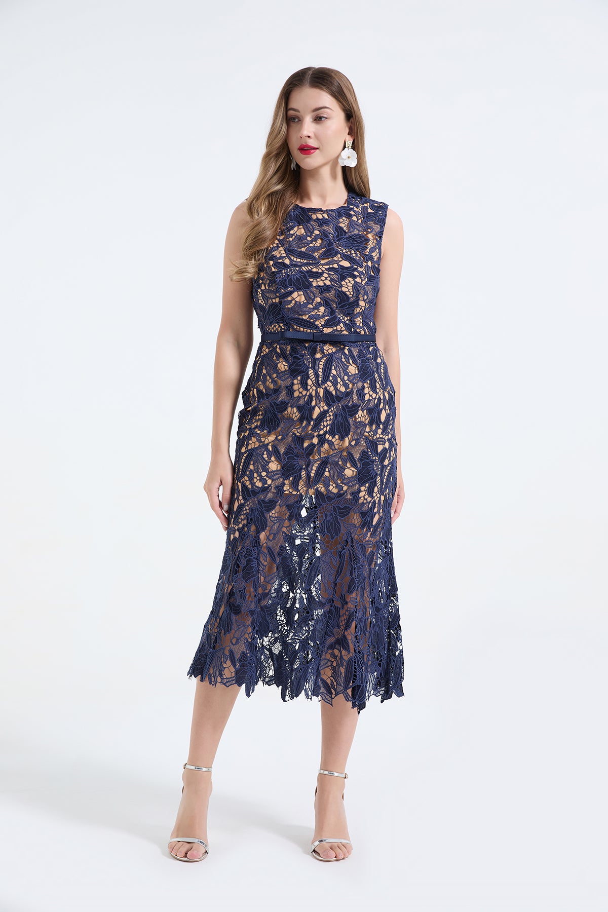 Heavy Industry Three Dimensional Water Soluble Lace Hollow Out Sleeveless Waist Fish Tail Dress Slim Fit High Waist Dress ESUNG