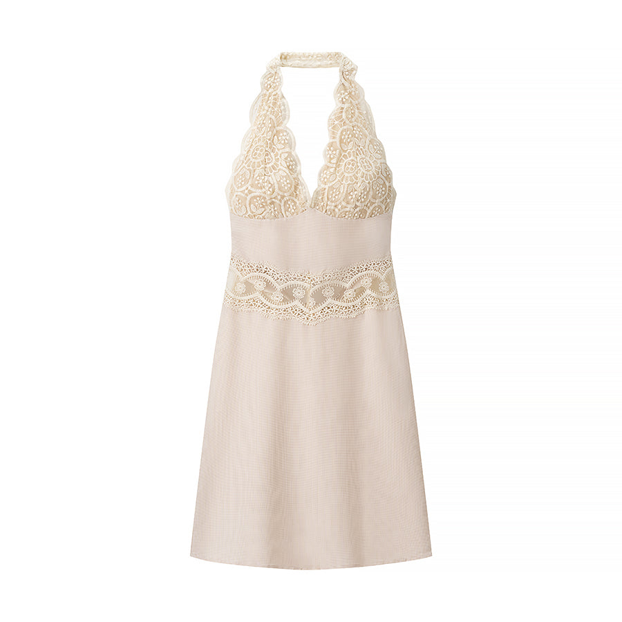Women Clothing Spring Sexy Houndstooth Lace Stitching Hanging Collar Dress JiaJia