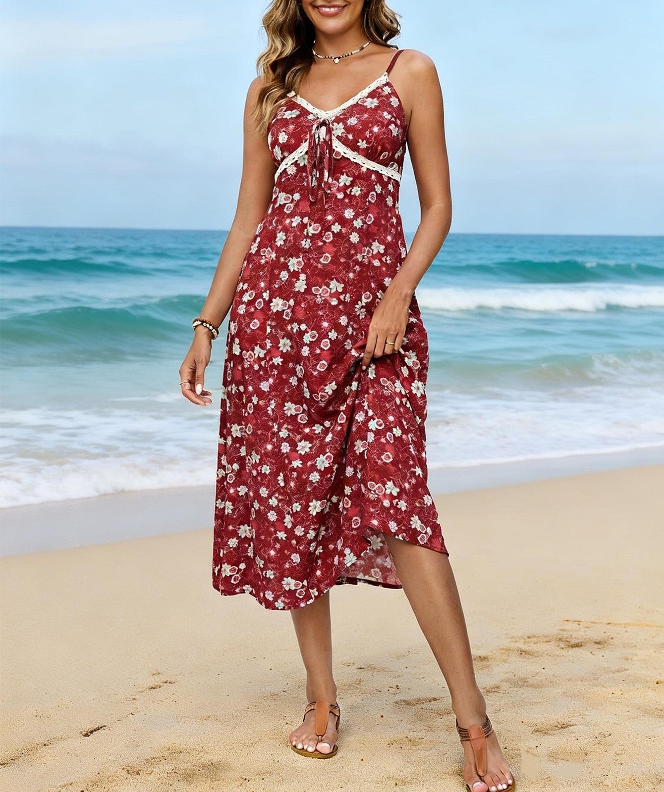 Women Mid Length Floral Print Halter Dress With Lace Up Neckline Waist Cinching Design And A Casual Style Suitable For Parties Vacations And Beach Outings ANA