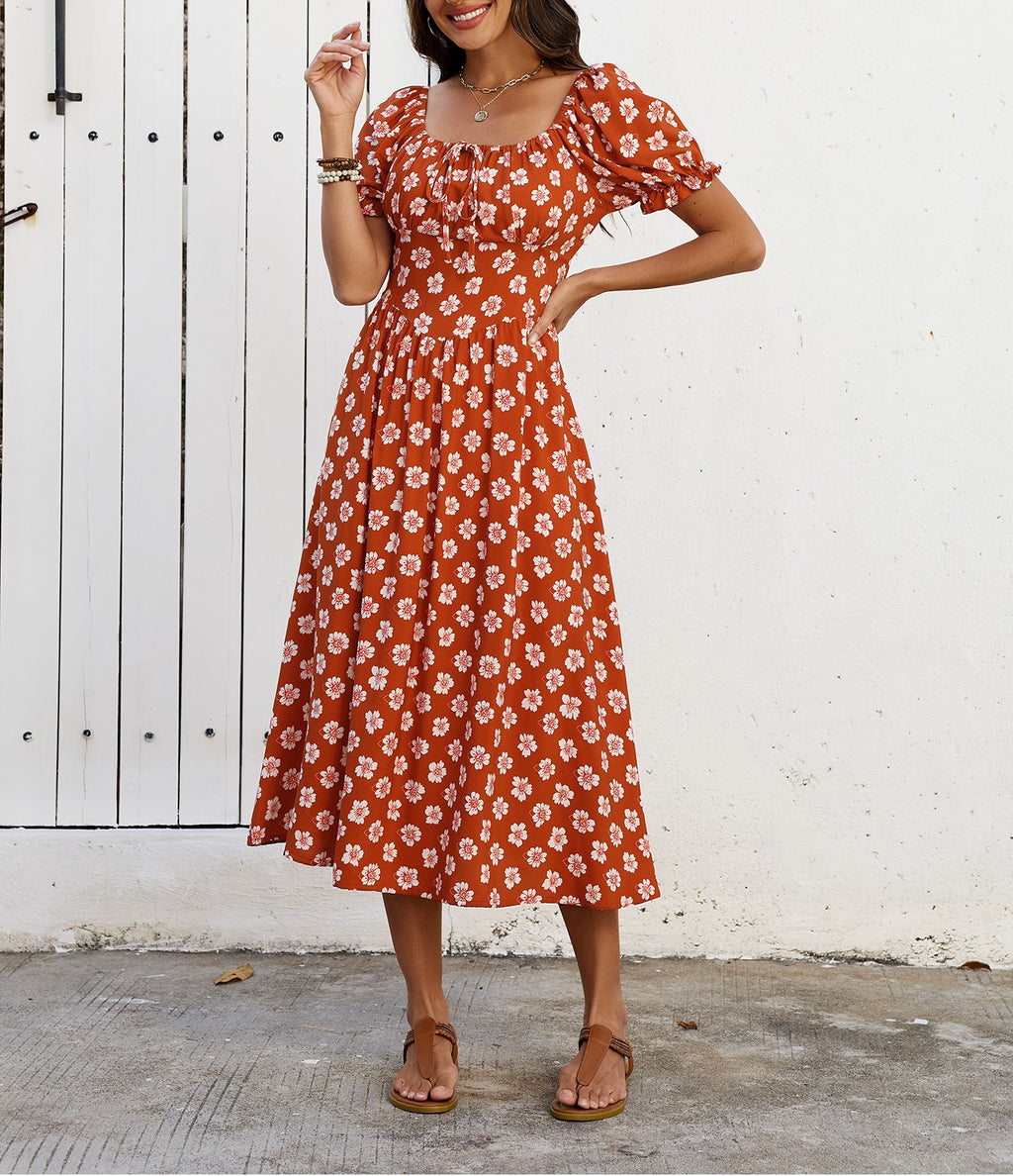 Women Printed Square Neck One Shoulder Short Sleeved Dress With Ruffled Hem Suitable For Casual Beach Vacation And Seaside Outings With A Fitted Waist Design ANA