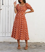 Women Printed Square Neck One Shoulder Short Sleeved Dress With Ruffled Hem Suitable For Casual Beach Vacation And Seaside Outings With A Fitted Waist Design ANA
