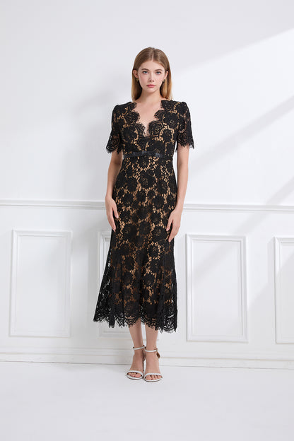 Women Summer Short Sleeve V Neck Long Dress ESUNG