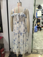 Gentle Sweet Lotus Leaf Lace up Embroidered off the Shoulder Slip Dress Dress Summer Slim Youthful Holiday Midi Dress Howe