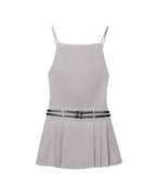 Women Simple Short Gray Belt Backless Pleated Dress DaRoca