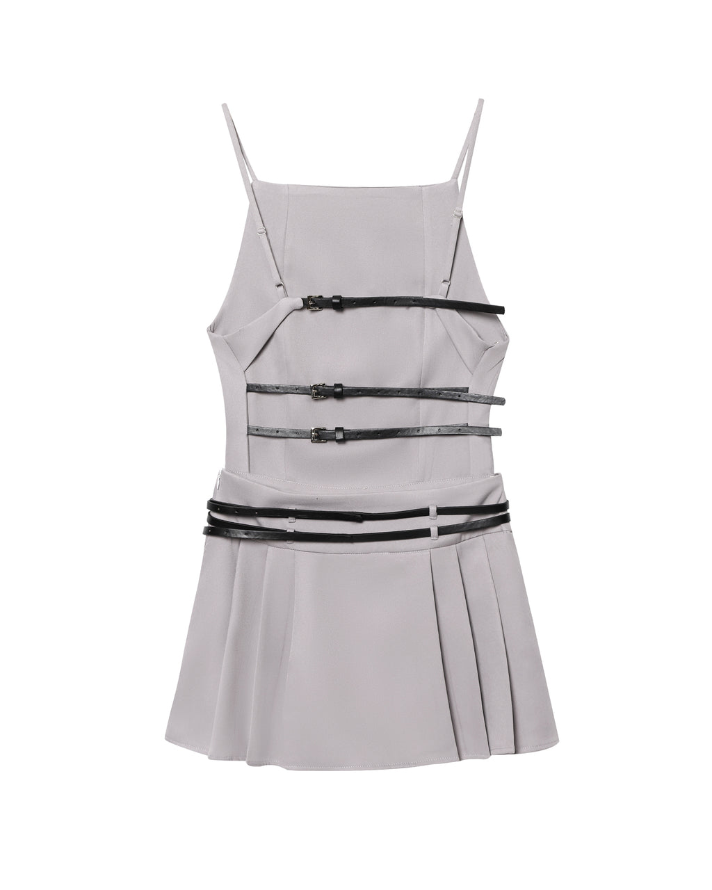 Women Simple Short Gray Belt Backless Pleated Dress DaRoca