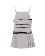 Women Simple Short Gray Belt Backless Pleated Dress DaRoca