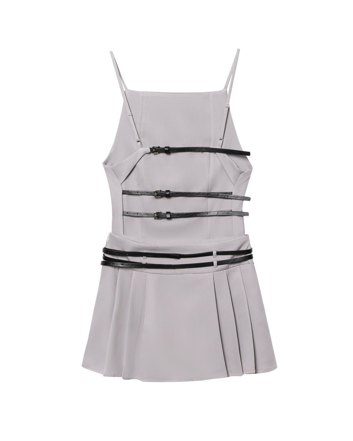 Women Simple Short Gray Belt Backless Pleated Dress DaRoca