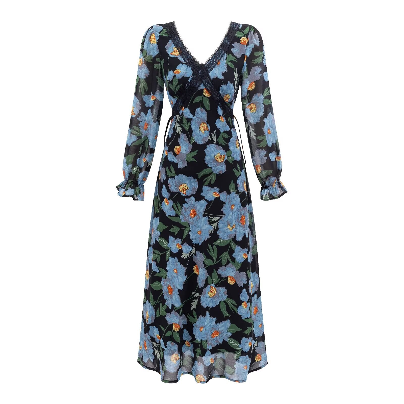 Summer Romantic Elegant Elegant Elegant Lace Stitching Printing V neck Long Sleeve Dress PullWind
