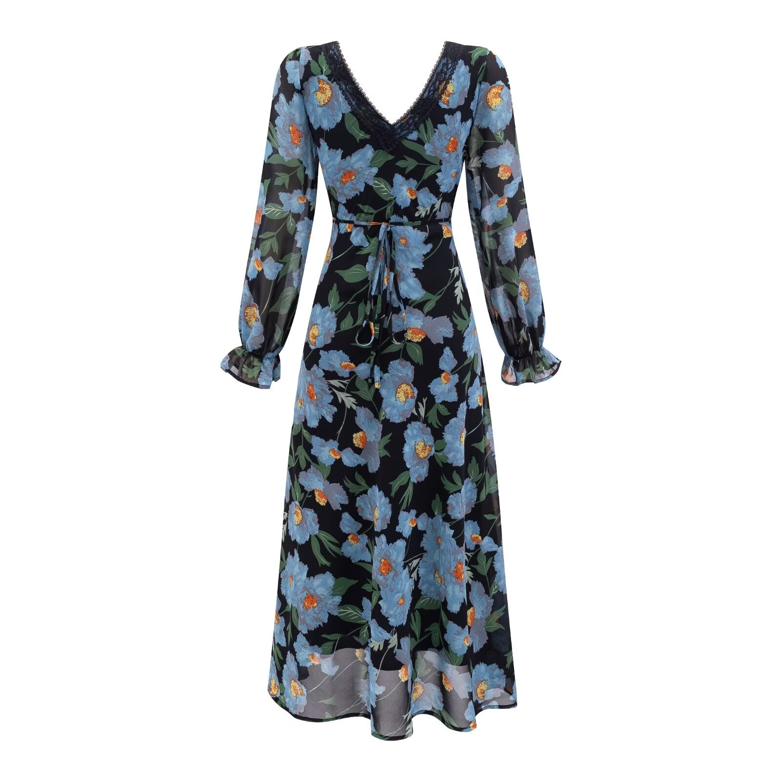 Summer Romantic Elegant Elegant Elegant Lace Stitching Printing V neck Long Sleeve Dress PullWind