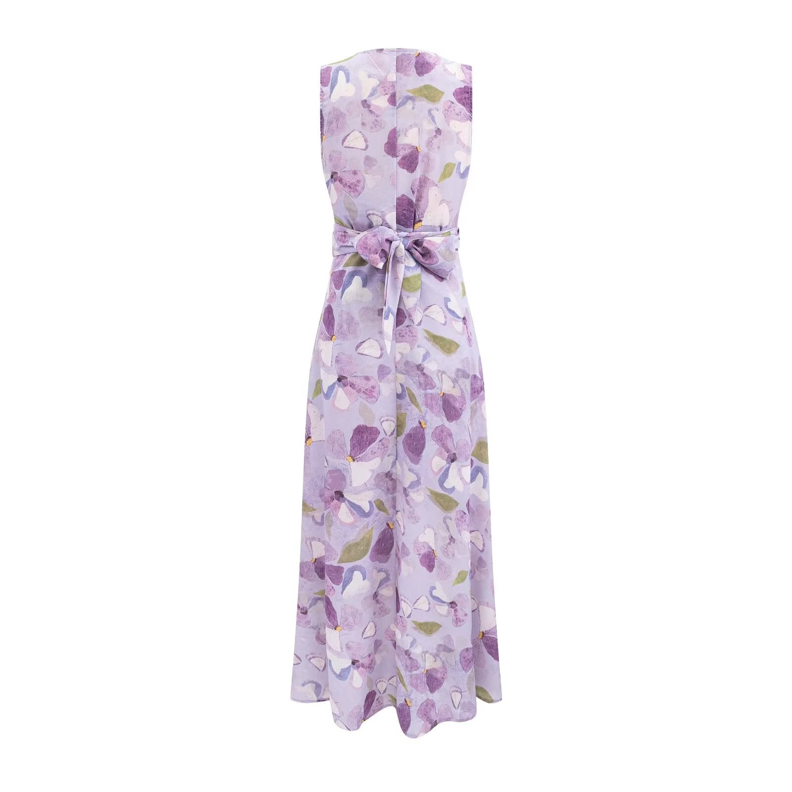 Printed Cross V neck Waist Controlled Lace up Sleeveless Dress Summer Slim Fit Maxi Dress Women PullWind