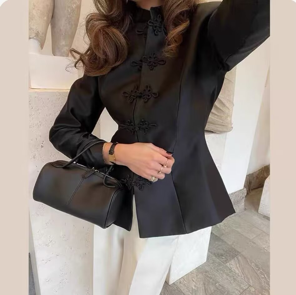 Spring Summer Chinese Coat Black Buckle Chinese Knot Waist Jacket LongZest