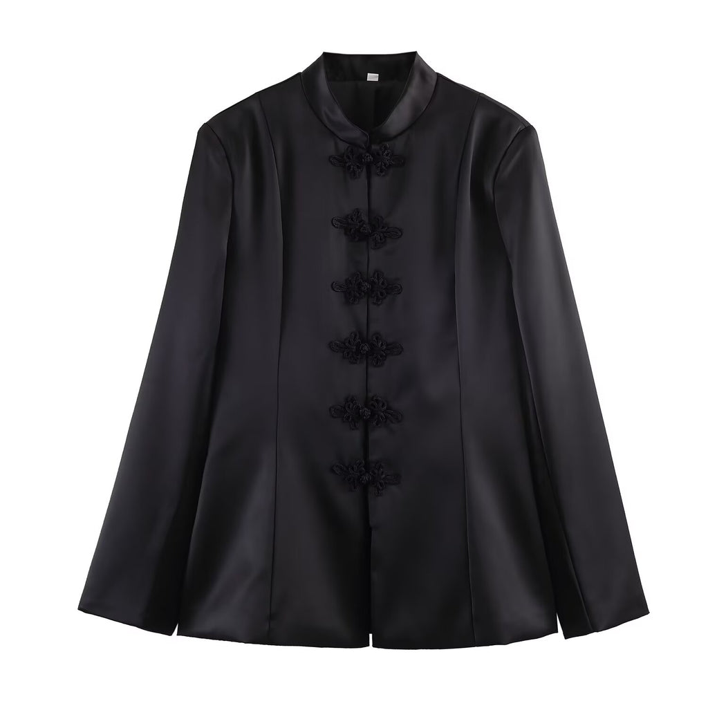 Spring Summer Chinese Coat Black Buckle Chinese Knot Waist Jacket LongZest