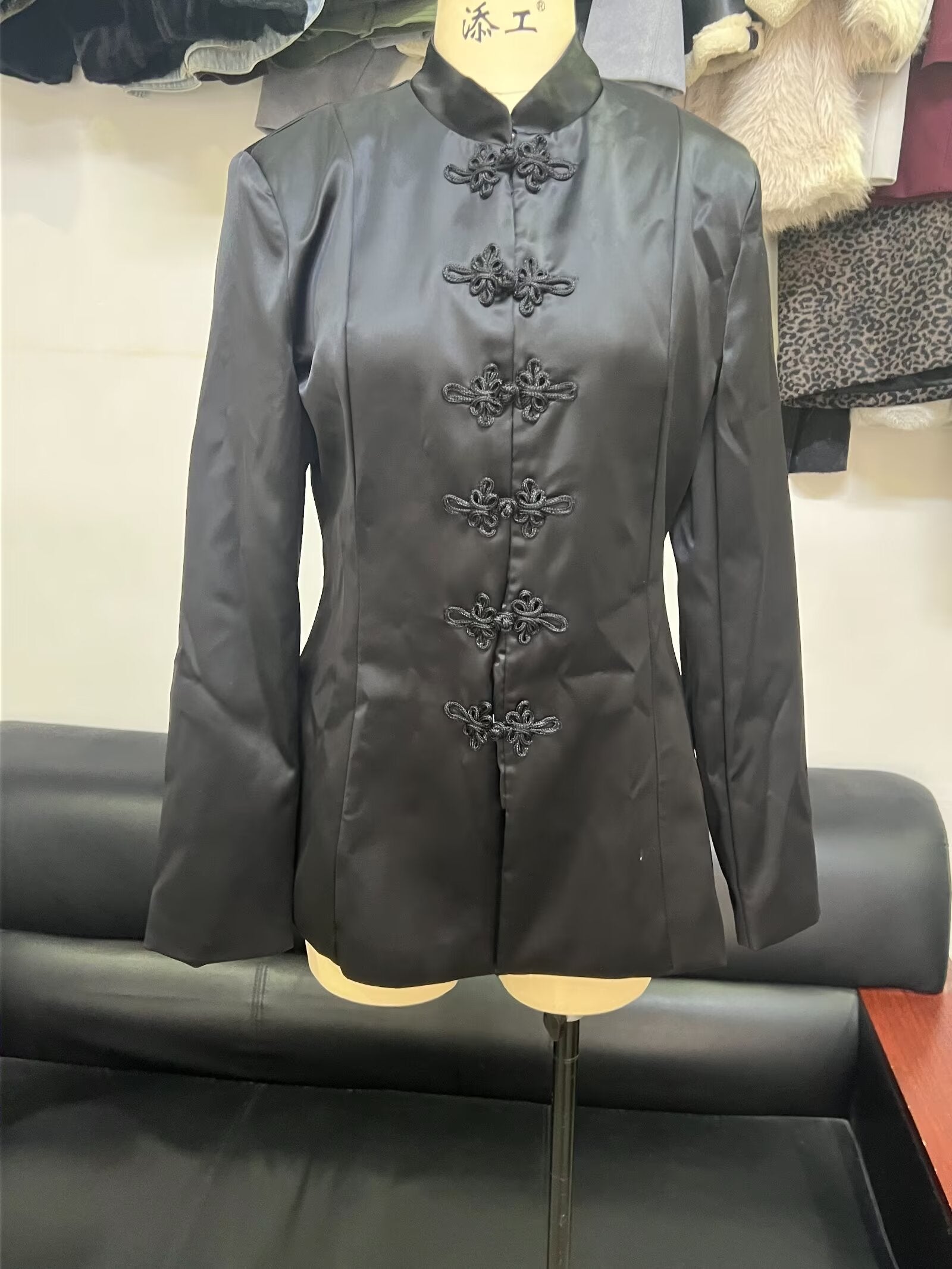 Spring Summer Chinese Coat Black Buckle Chinese Knot Waist Jacket LongZest
