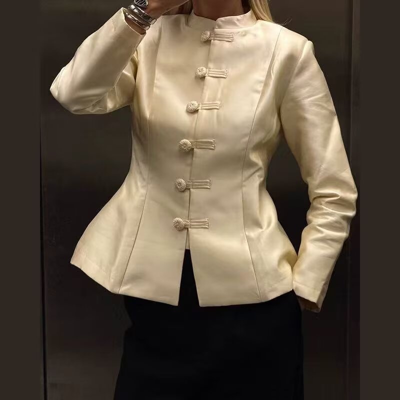 Women Clothing Stand Collar Buckle Satin Jacket Waist Trimming Coat LongZest