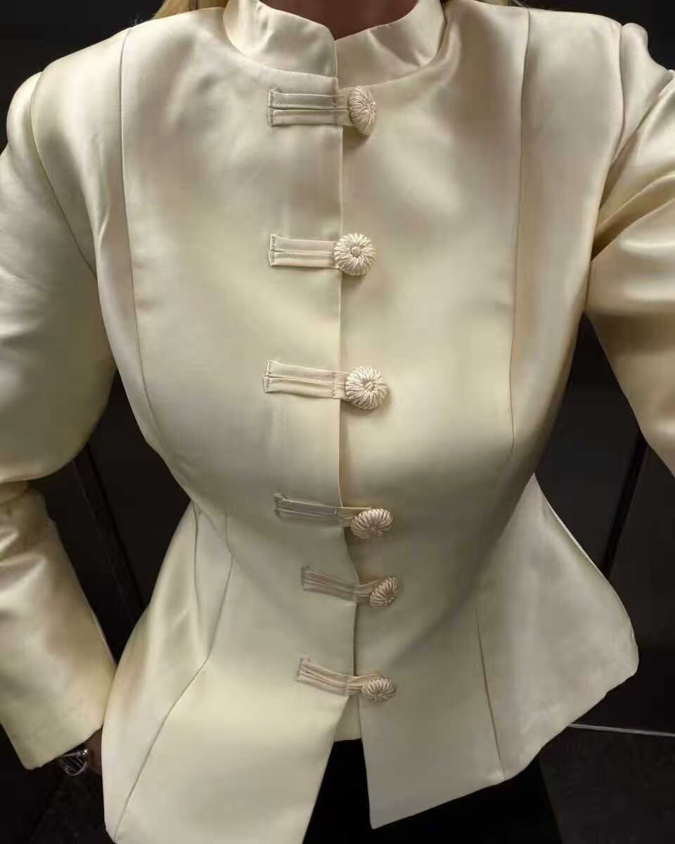 Women Clothing Stand Collar Buckle Satin Jacket Waist Trimming Coat LongZest