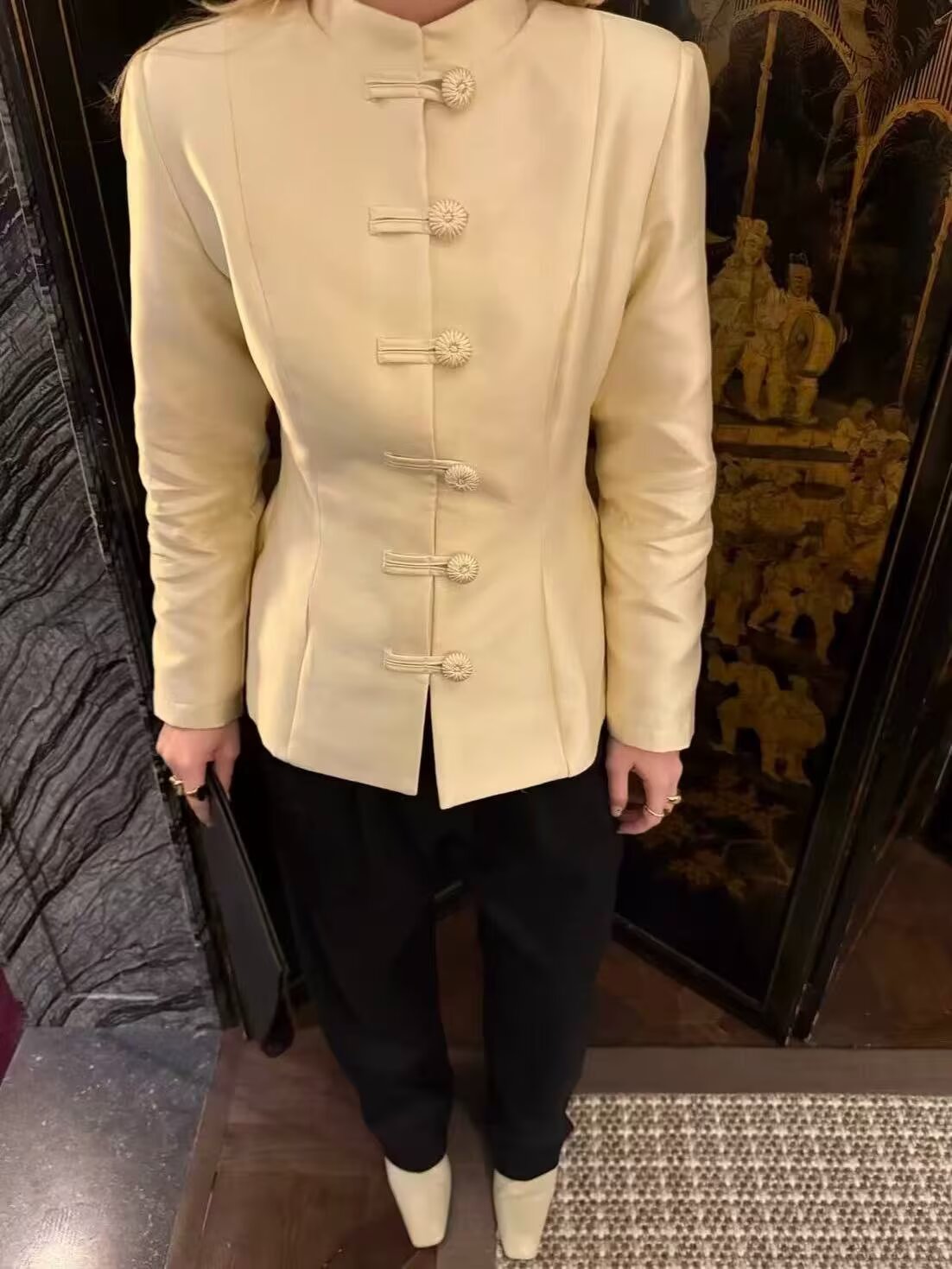 Women Clothing Stand Collar Buckle Satin Jacket Waist Trimming Coat LongZest