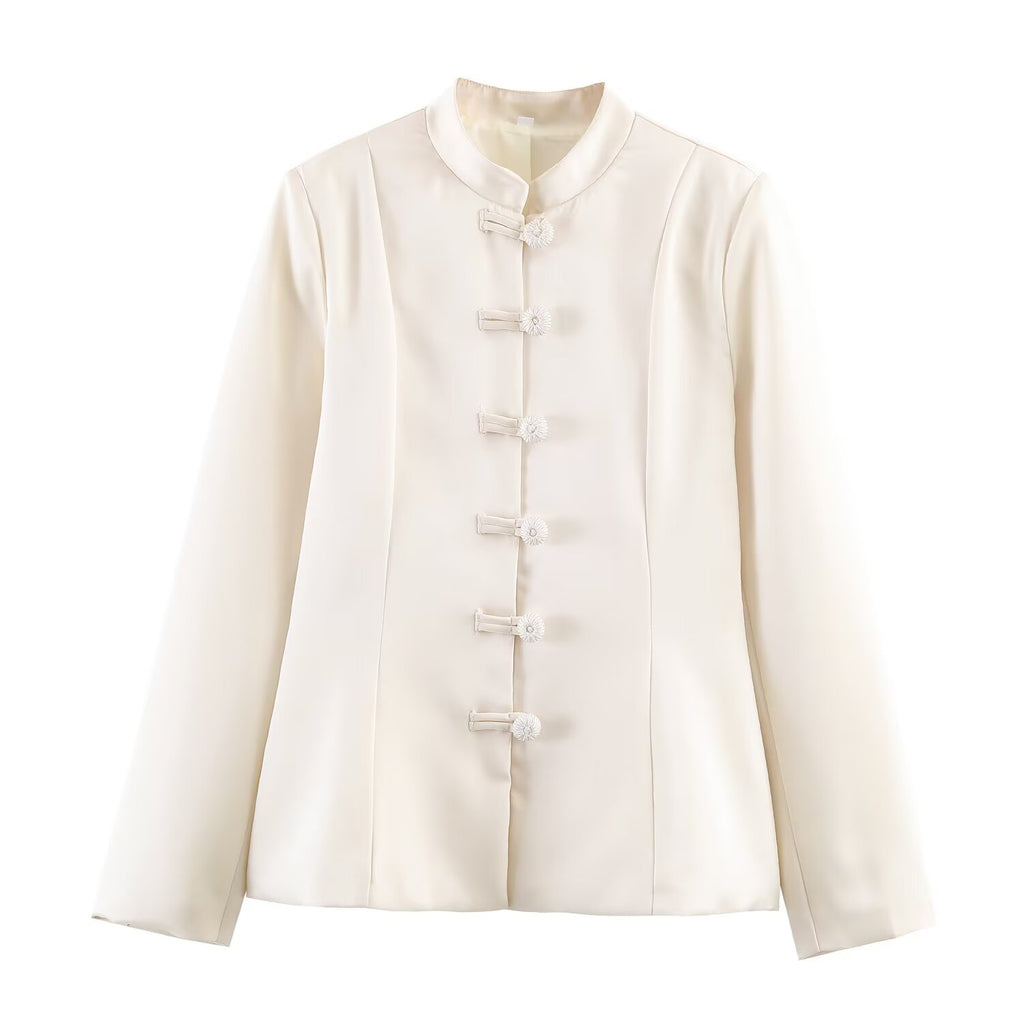 Women Clothing Stand Collar Buckle Satin Jacket Waist Trimming Coat LongZest