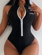 Sexy Women's Height Belt Zipper Swimsuit Women One Piece Swimming Solid Color Fabric Summer Beach Swimming OLam