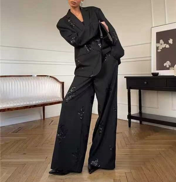 Spring Women Clothing Embroidered Sequ Striped Work Pant Two Piece Sets Shell