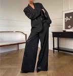 Spring Women Clothing Embroidered Sequ Striped Work Pant Two Piece Sets Shell