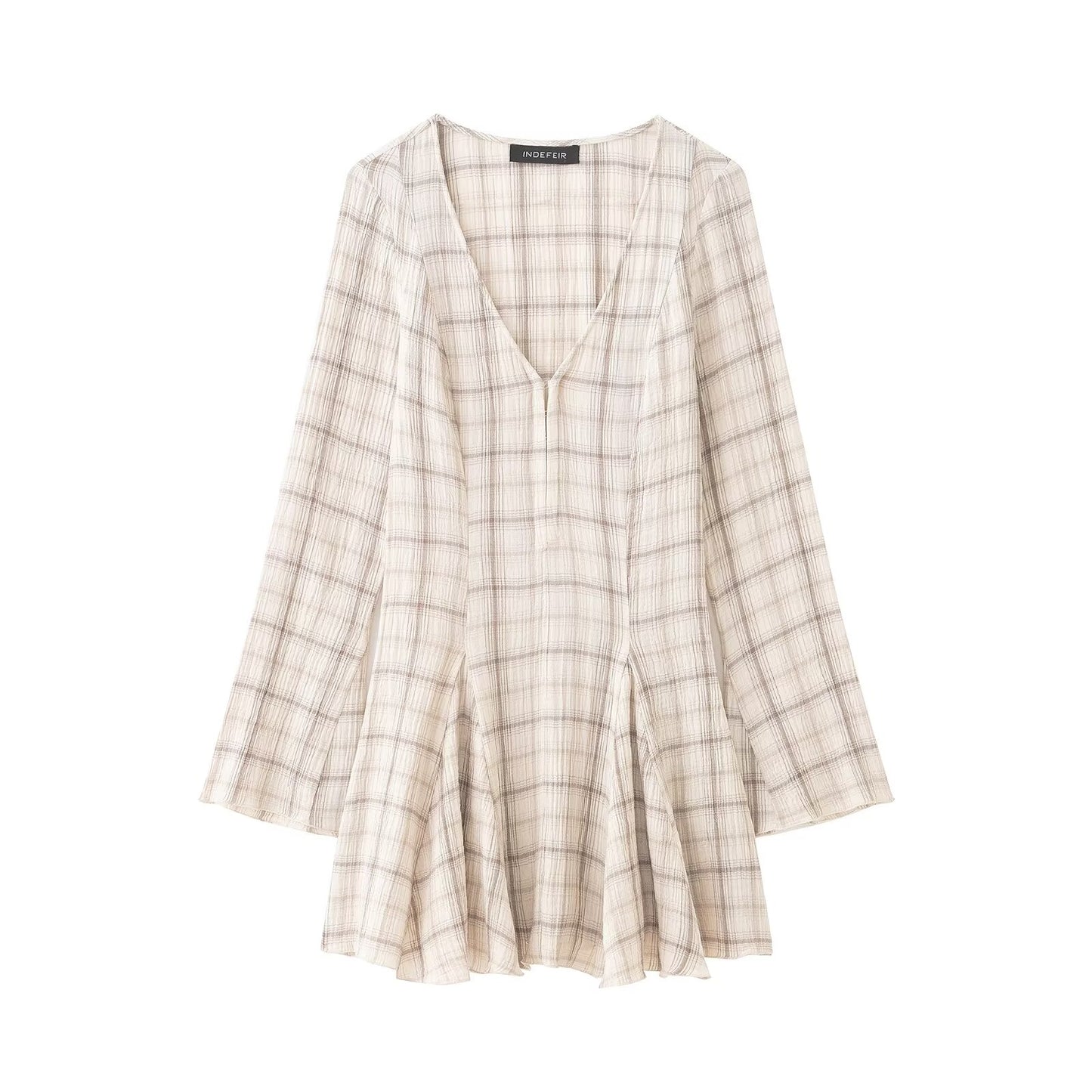 Women Clothing Western Long Sleeve V neck Plaid Short Dress flightCourse