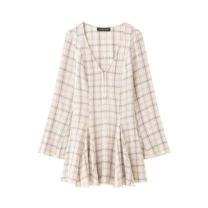 Women Clothing Western Long Sleeve V neck Plaid Short Dress flightCourse