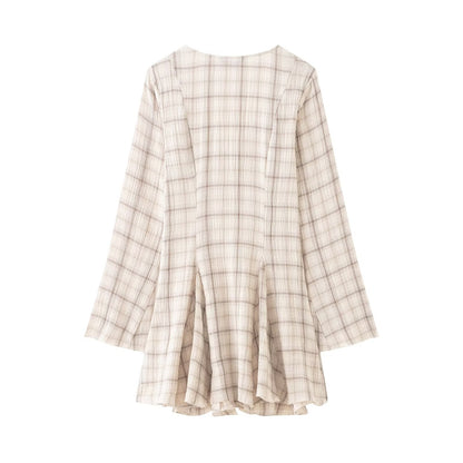 Women Clothing Western Long Sleeve V neck Plaid Short Dress flightCourse