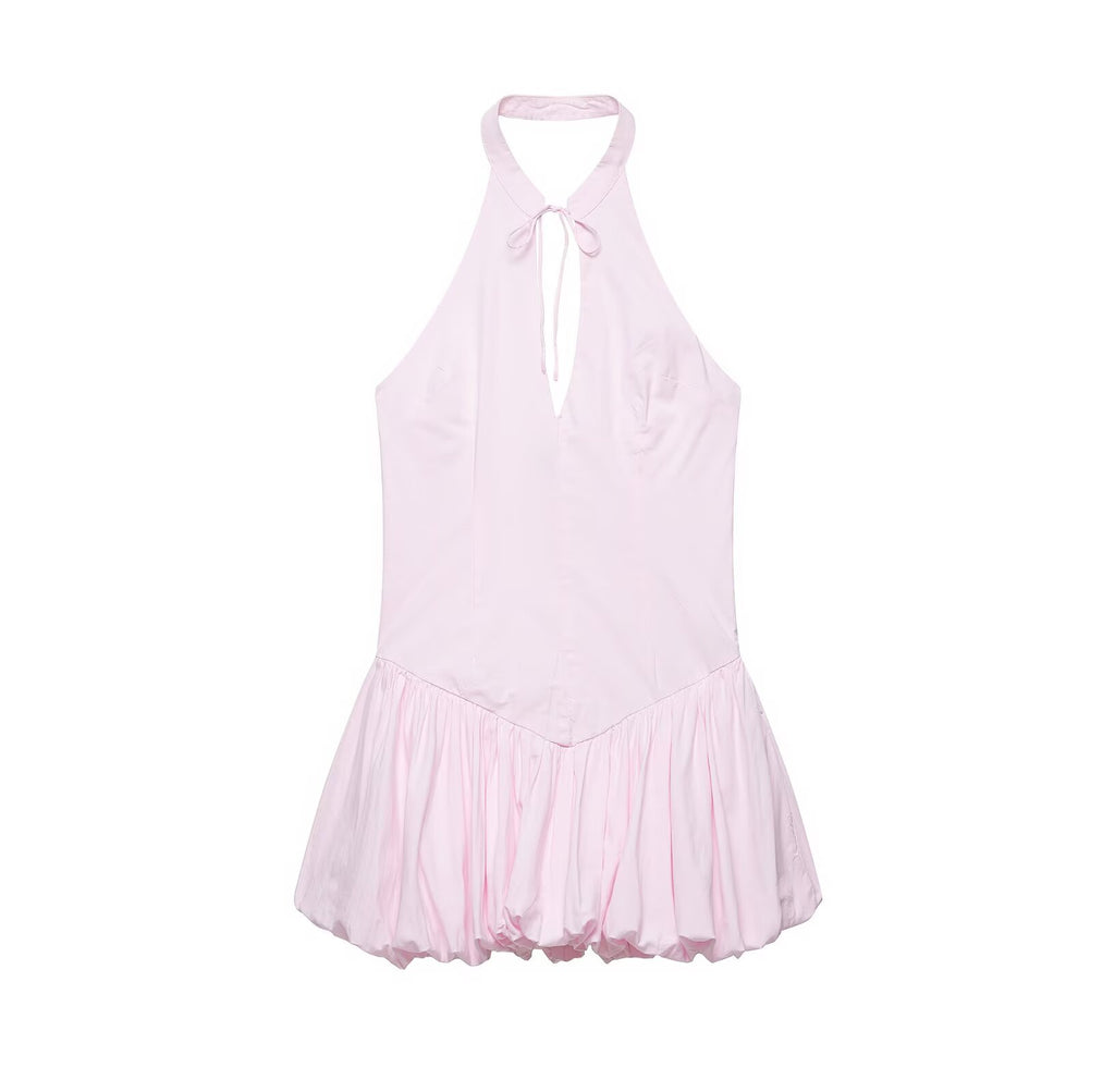 Women Clothing Summer Poplin Hanging Collar Balloon Short Dress flightCourse