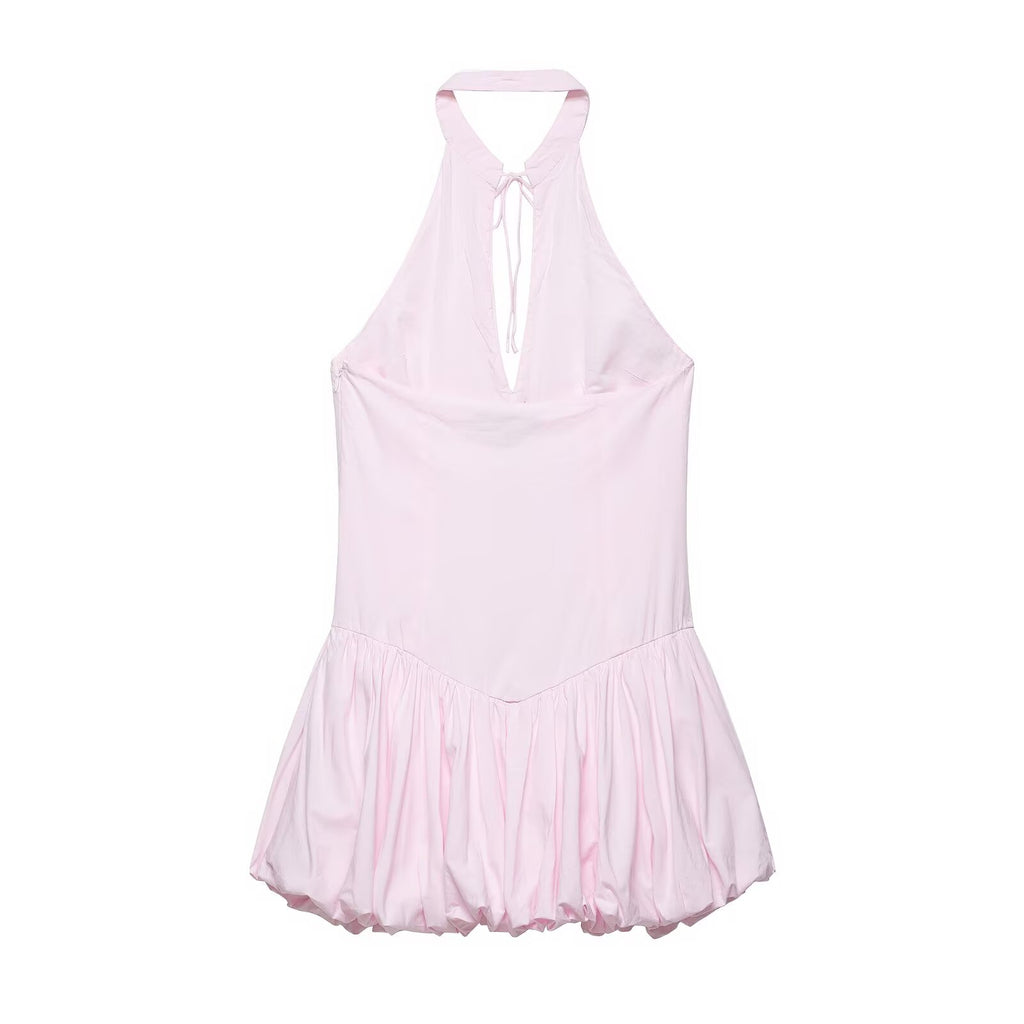 Women Clothing Summer Poplin Hanging Collar Balloon Short Dress flightCourse