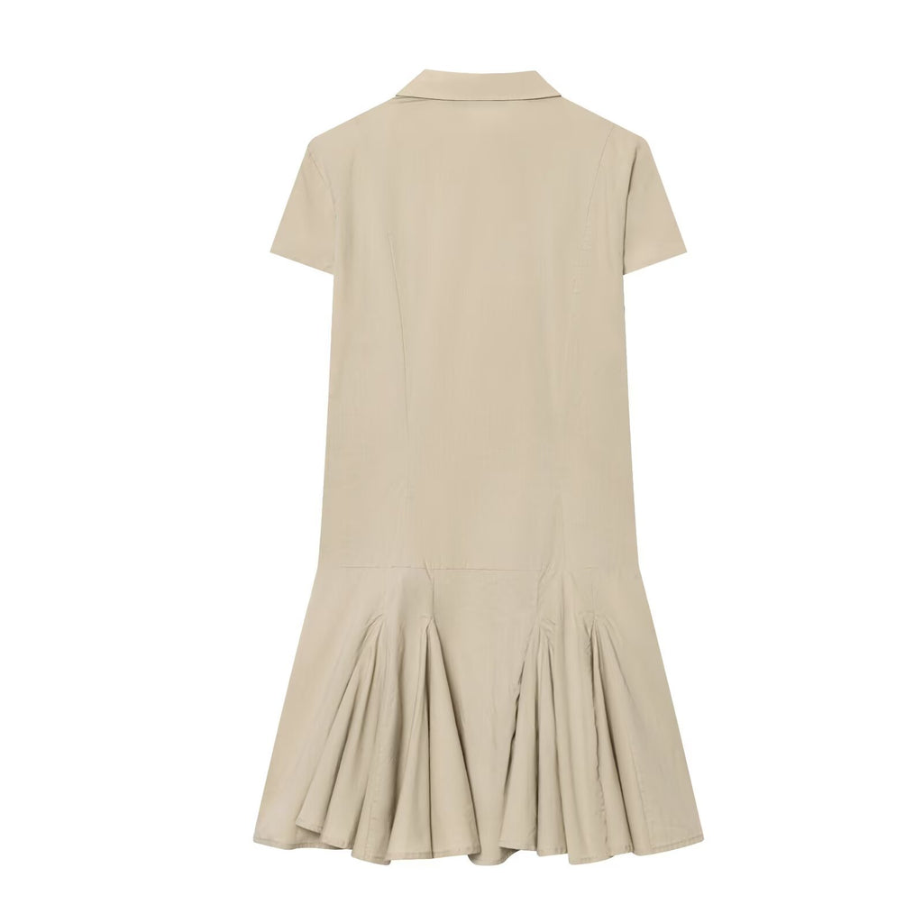 Spring Polo Collar Pleated Shirt Dress Waist Controlled Slimming Dress flightCourse