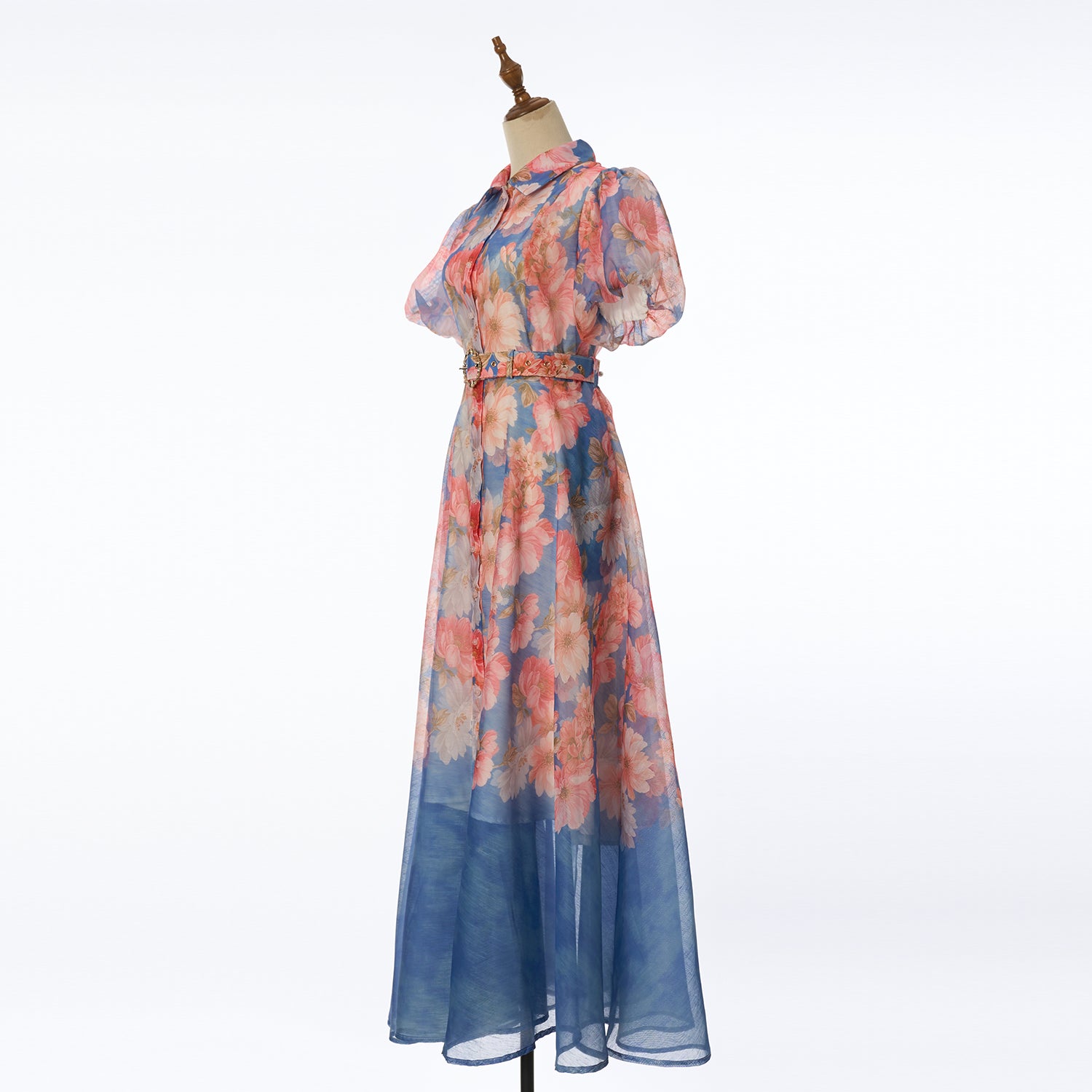 Women Summer Floral Short Sleeved Waist Long Dress Daylight