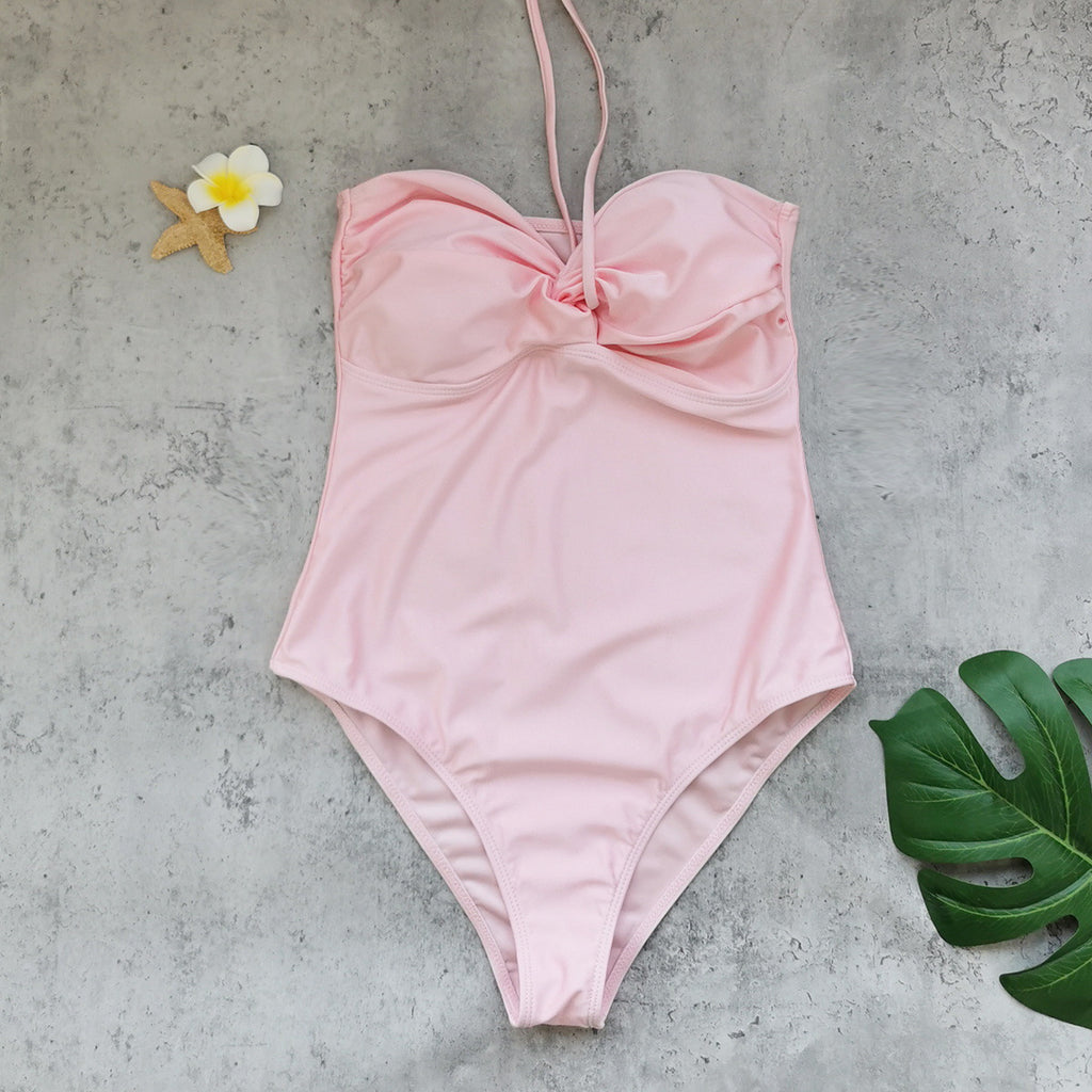 Solid Color Halter Tube Top One Piece Swimsuit Women Skirt Two Piece Sets Thunder