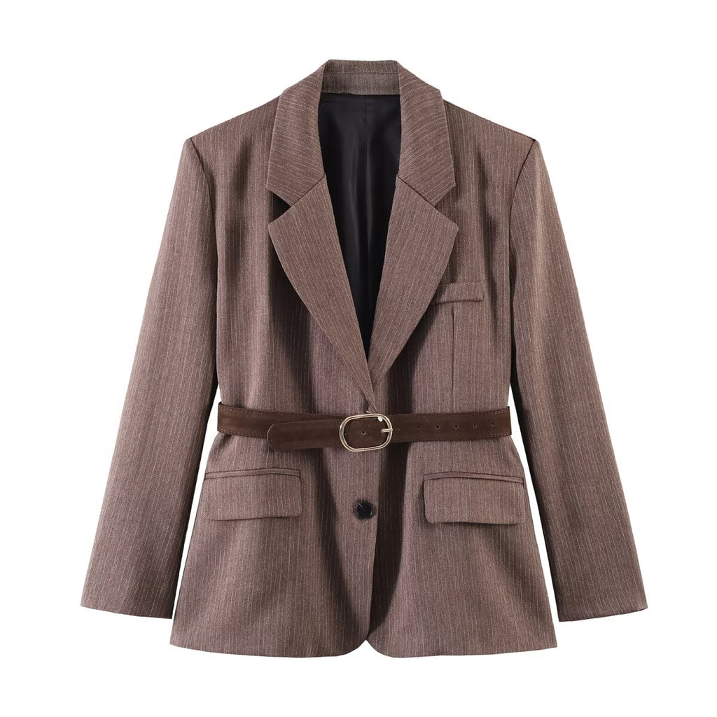 Women Clothing Summer Office Herringbone Twill Belt Blazers SenDa
