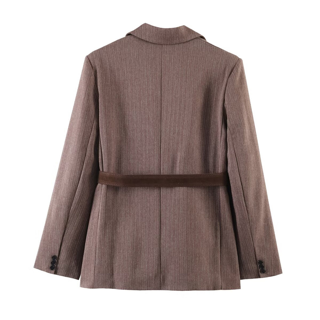 Women Clothing Summer Office Herringbone Twill Belt Blazers SenDa