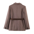 Women Clothing Summer Office Herringbone Twill Belt Blazers SenDa