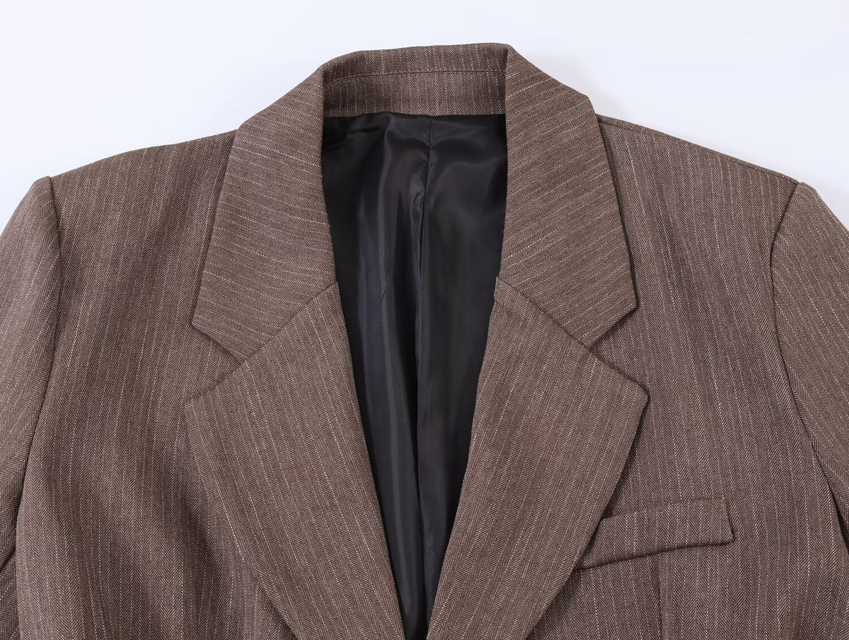 Women Clothing Summer Office Herringbone Twill Belt Blazers SenDa