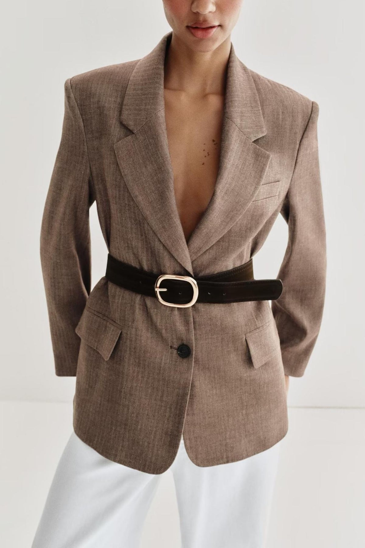 Women Clothing Summer Office Herringbone Twill Belt Blazers SenDa