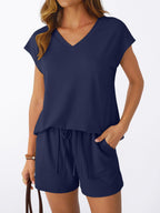 Summer Women V neck Short Sleeved Shorts Casual Two Piece Sets MONDAY