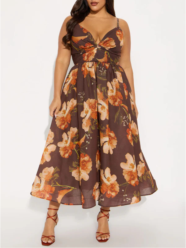 Summer Vacation Casual Spaghetti Strap Floral Print Slim Fit Large Dress Women Clothing Tea Break Dress NiuNiu