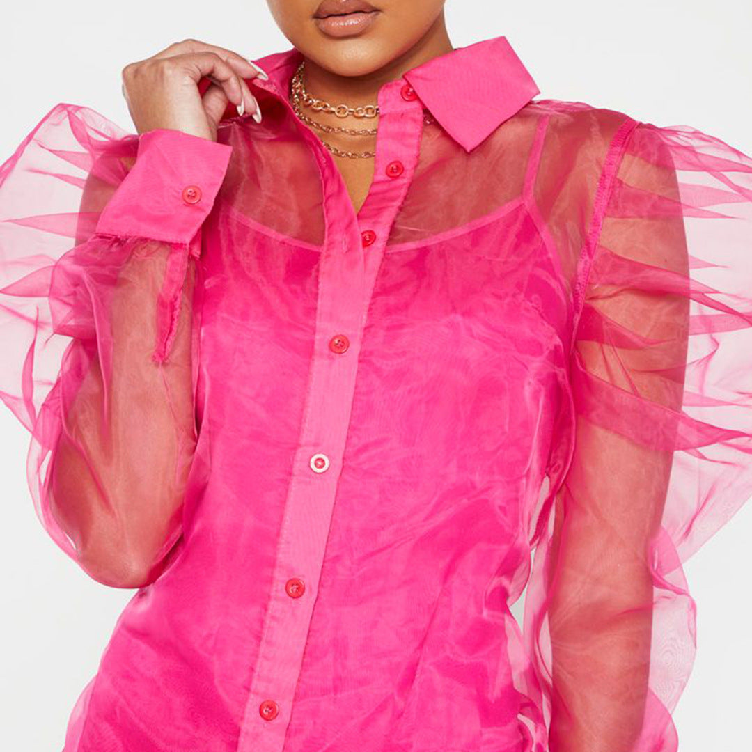 Spring Summer Women Clothing Puff Sleeve Top Long Sleeve Organza Cardigan Dress plus Size Suit for Women YIULI