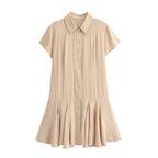 Women Clothing Summer Retro All Match Waist Shirt Pleated Short Office Dress TRAF