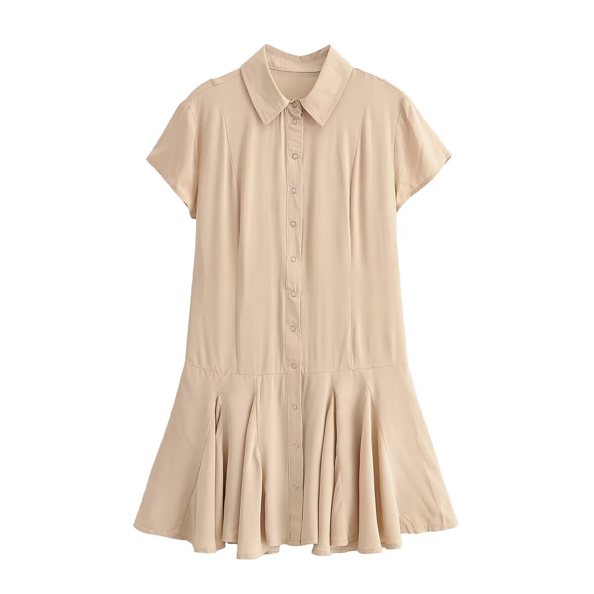 Women Clothing Summer Retro All Match Waist Shirt Pleated Short Office Dress TRAF