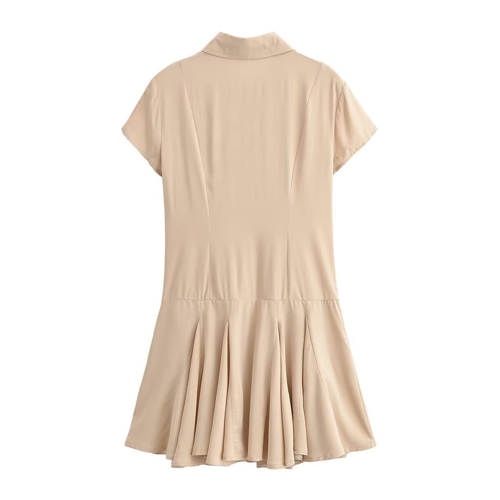Women Clothing Summer Retro All Match Waist Shirt Pleated Short Office Dress TRAF