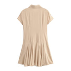 Women Clothing Summer Retro All Match Waist Shirt Pleated Short Office Dress TRAF