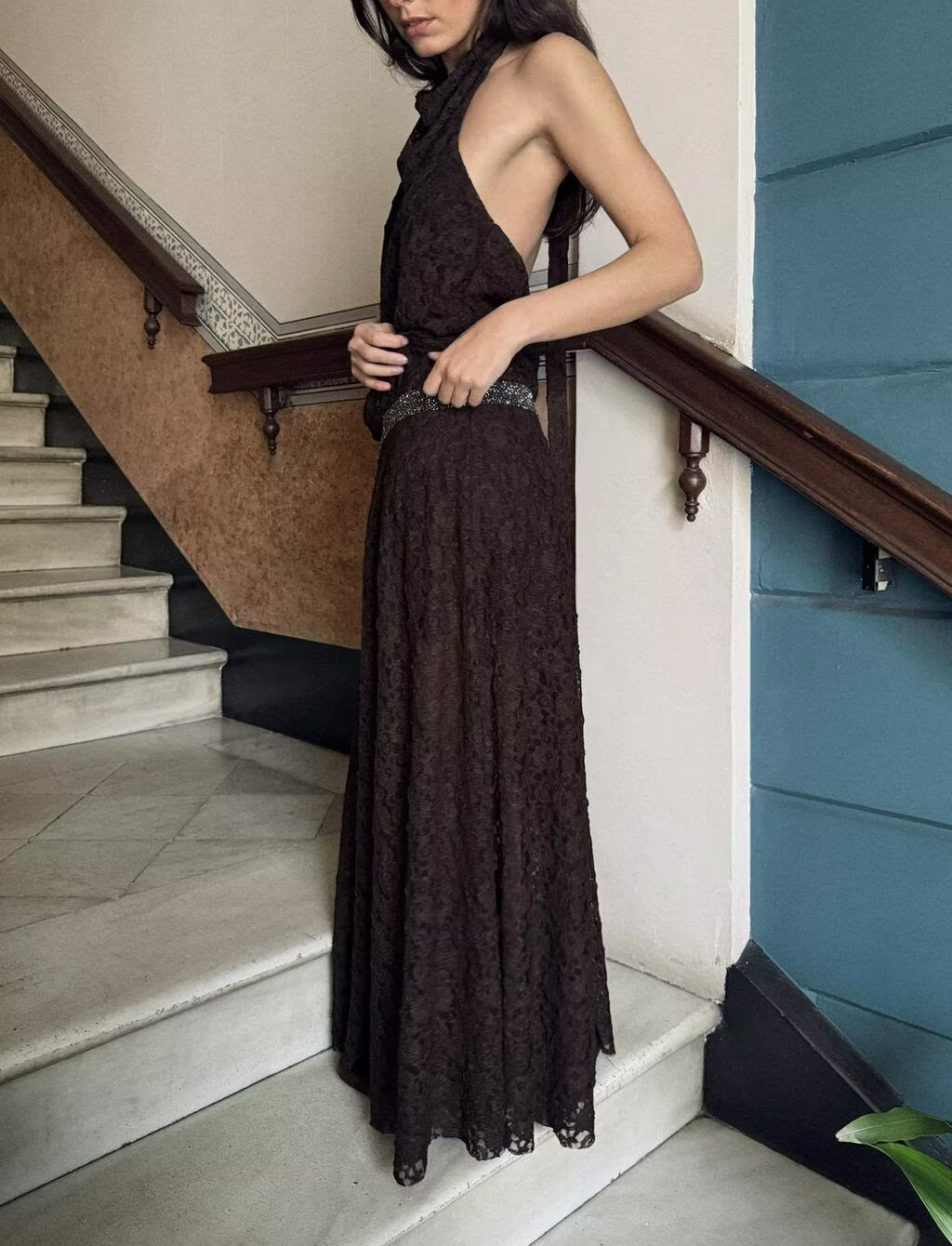 Spring French Halter Jacquard Sleeveless off Shoulder High Grade Waist Dress flightCourse