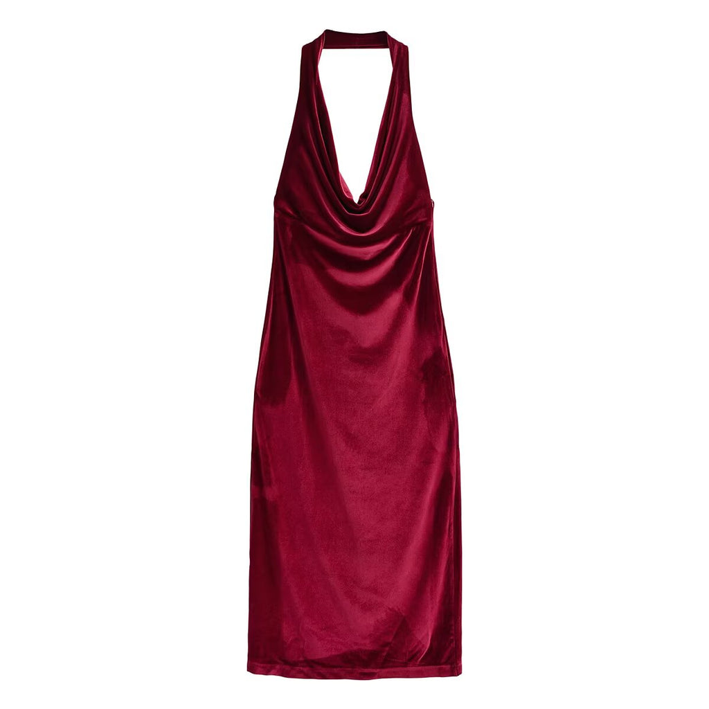 Women Clothing Summer French Design Backless Wine Red Dress TRAF