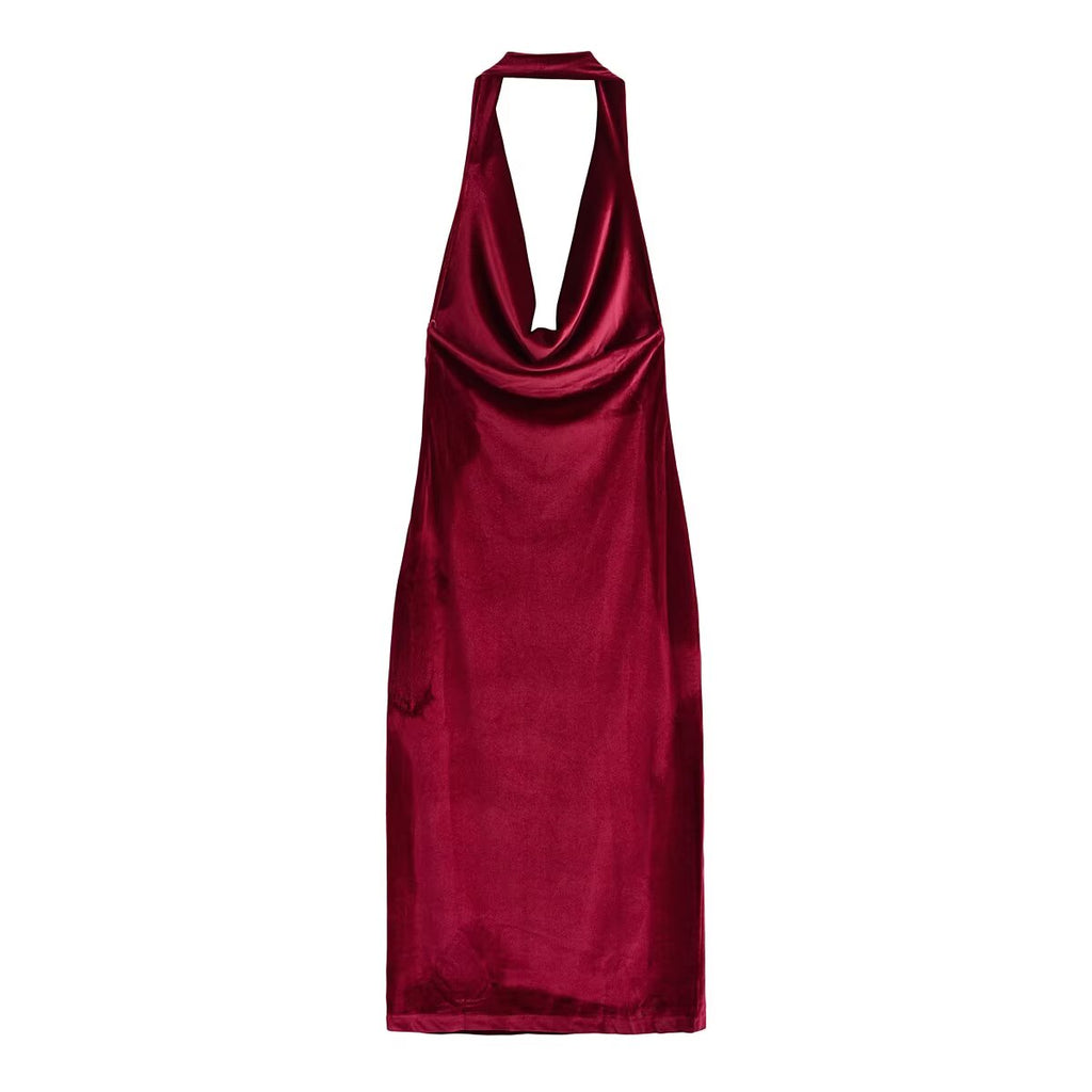 Women Clothing Summer French Design Backless Wine Red Dress TRAF